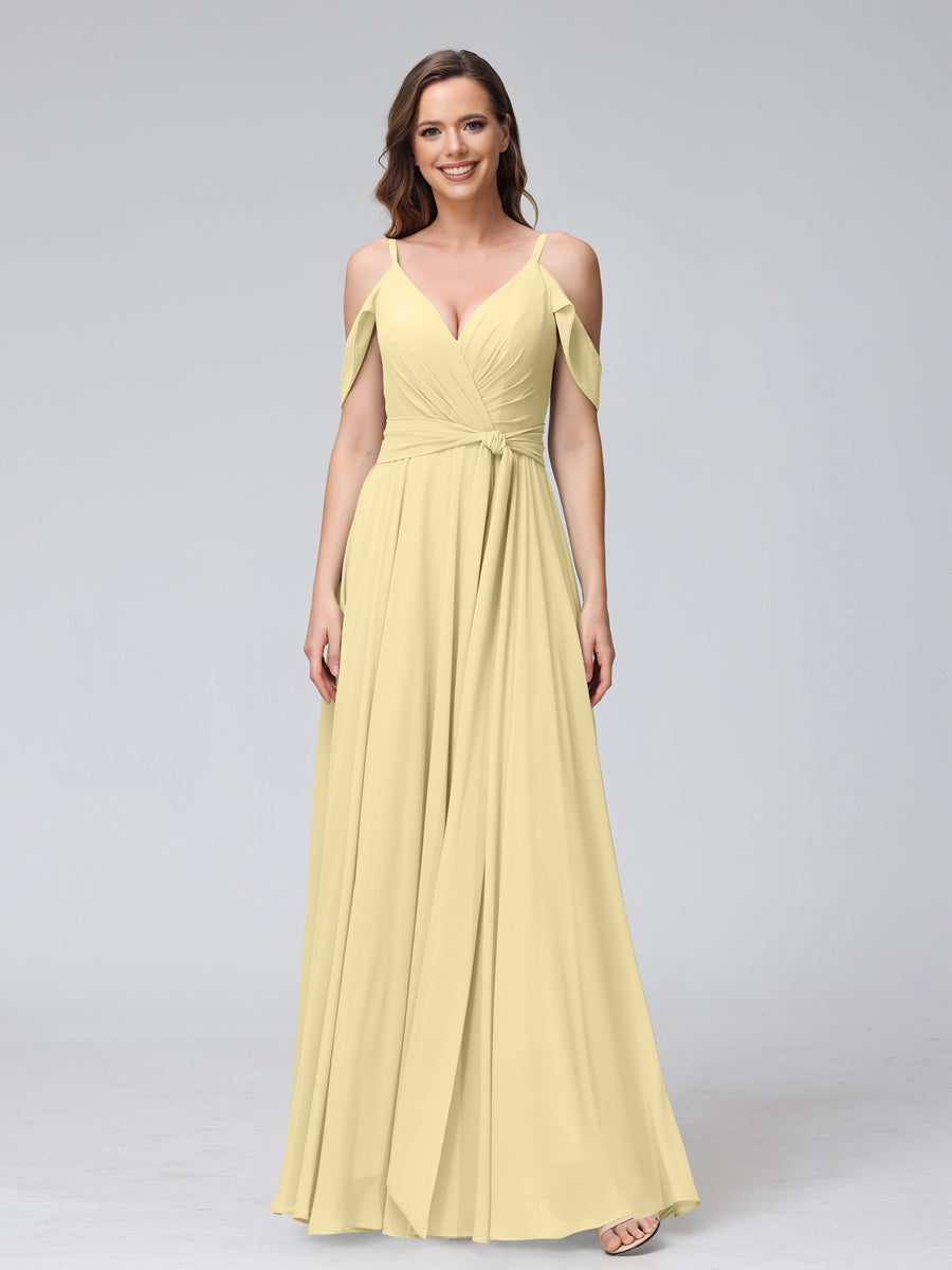 A-Line V-Neck Short Sleeves Chiffon Bridesmaid Dresses with Spaghetti Straps & Split Side