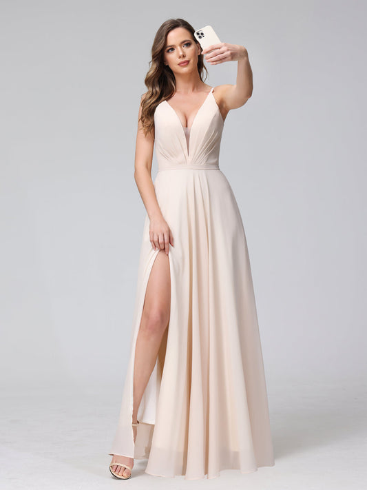 A-Line Spaghetti Straps V-Neck Sleeveless Long Chiffon Bridesmaid Dresses With Split Side