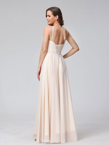 A-Line Spaghetti Straps V-Neck Sleeveless Long Chiffon Bridesmaid Dresses With Split Side