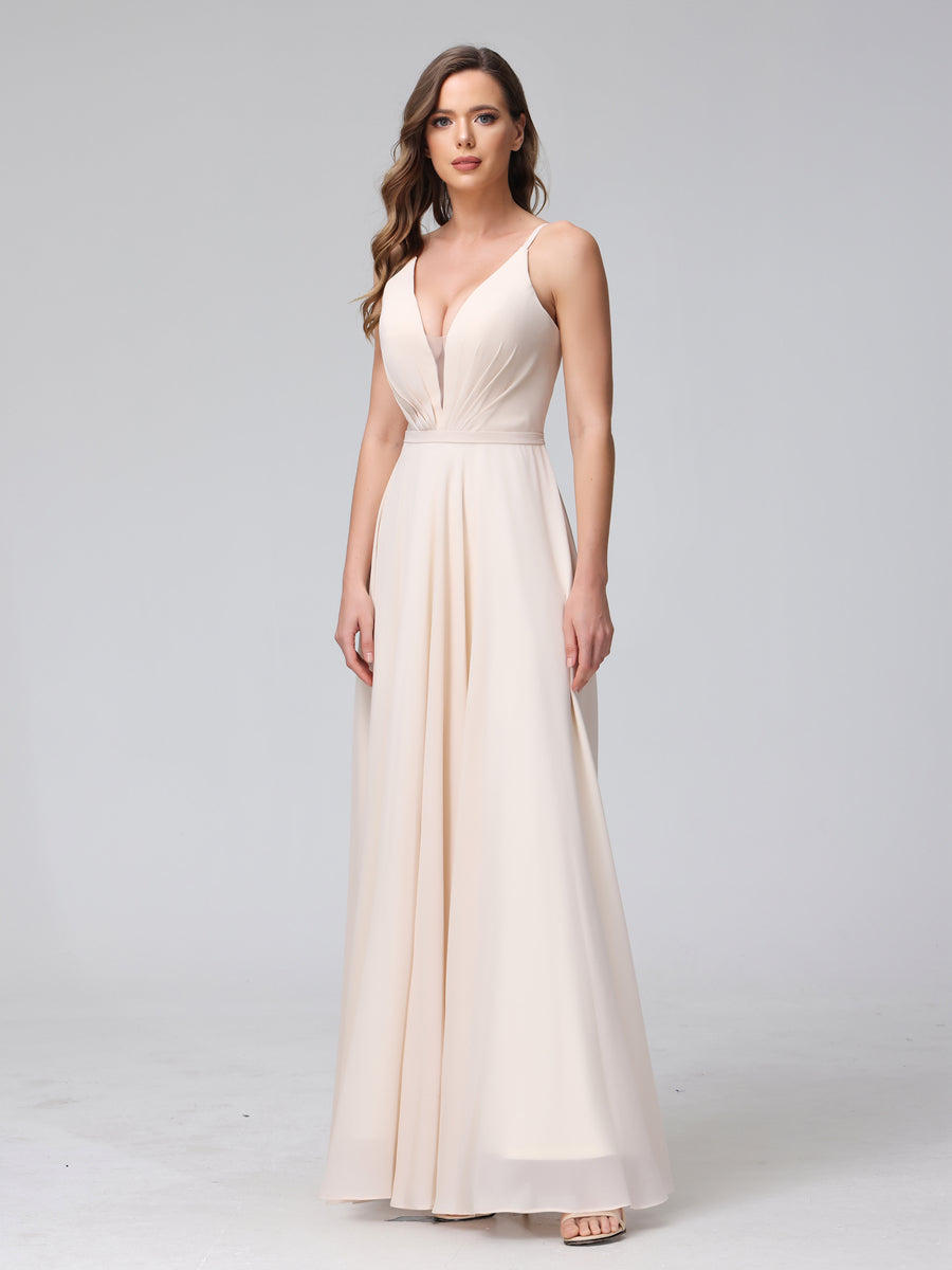 A-Line Spaghetti Straps V-Neck Sleeveless Long Chiffon Bridesmaid Dresses With Split Side