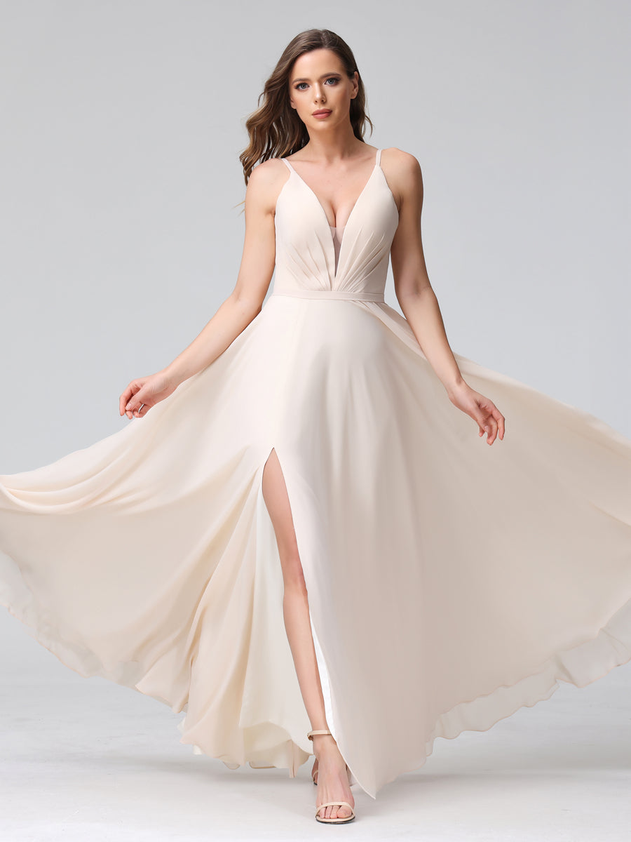 A-Line Spaghetti Straps V-Neck Sleeveless Long Chiffon Bridesmaid Dresses With Split Side