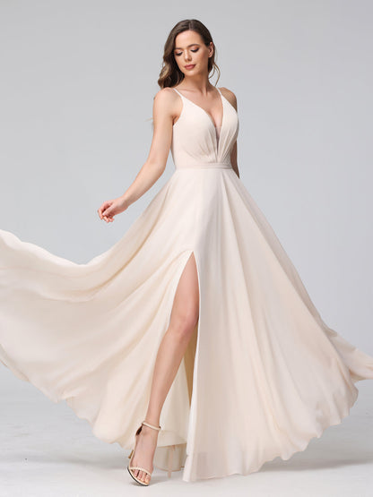 A-Line Spaghetti Straps V-Neck Sleeveless Long Chiffon Bridesmaid Dresses With Split Side