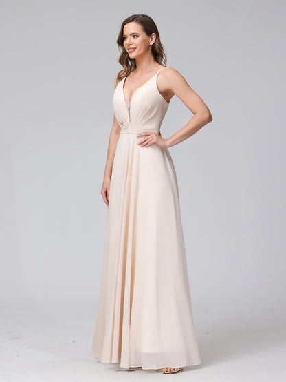 A-Line Spaghetti Straps V-Neck Sleeveless Long Chiffon Bridesmaid Dresses With Split Side