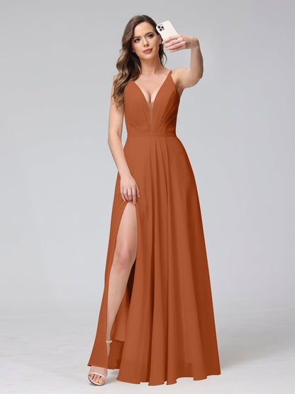 A-Line Spaghetti Straps V-Neck Sleeveless Long Chiffon Bridesmaid Dresses With Split Side