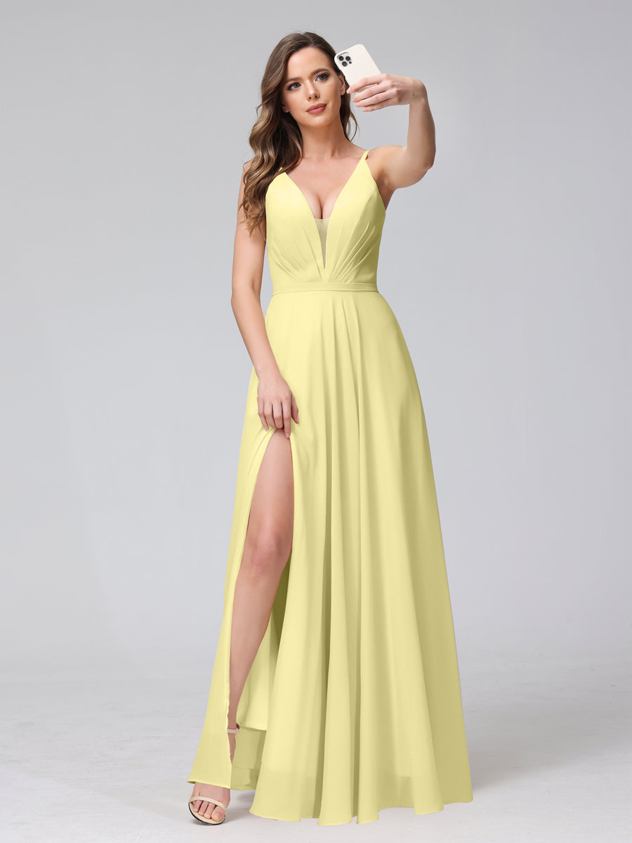 A-Line Spaghetti Straps V-Neck Sleeveless Long Chiffon Bridesmaid Dresses With Split Side