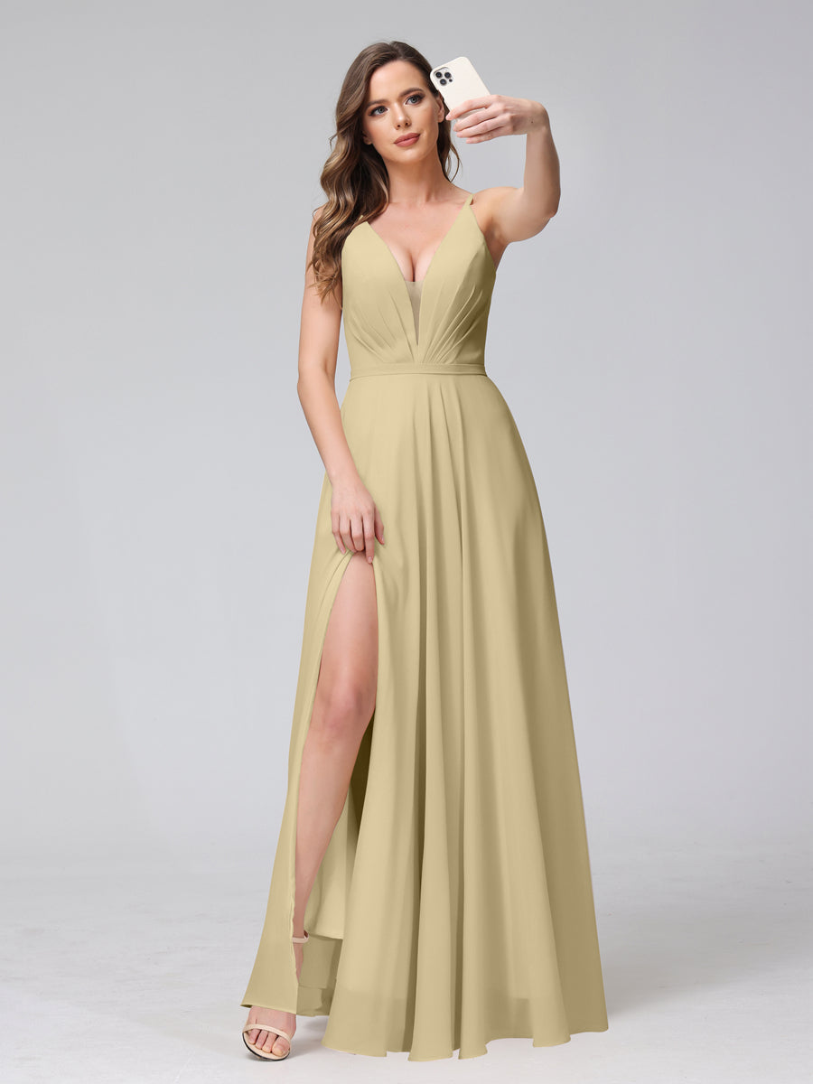 A-Line Spaghetti Straps V-Neck Sleeveless Long Chiffon Bridesmaid Dresses With Split Side