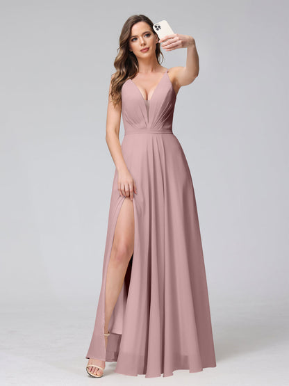 A-Line Spaghetti Straps V-Neck Sleeveless Long Chiffon Bridesmaid Dresses With Split Side