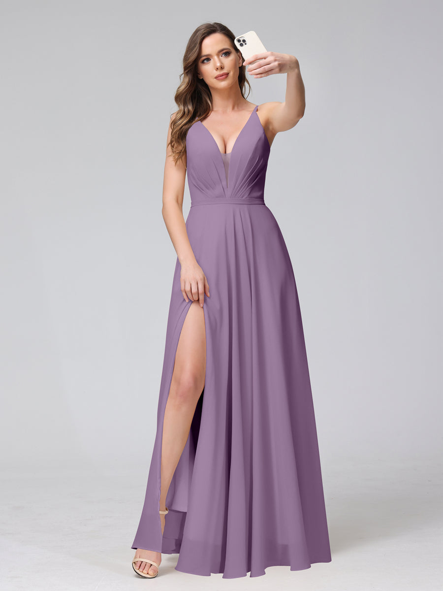 A-Line Spaghetti Straps V-Neck Sleeveless Long Chiffon Bridesmaid Dresses With Split Side