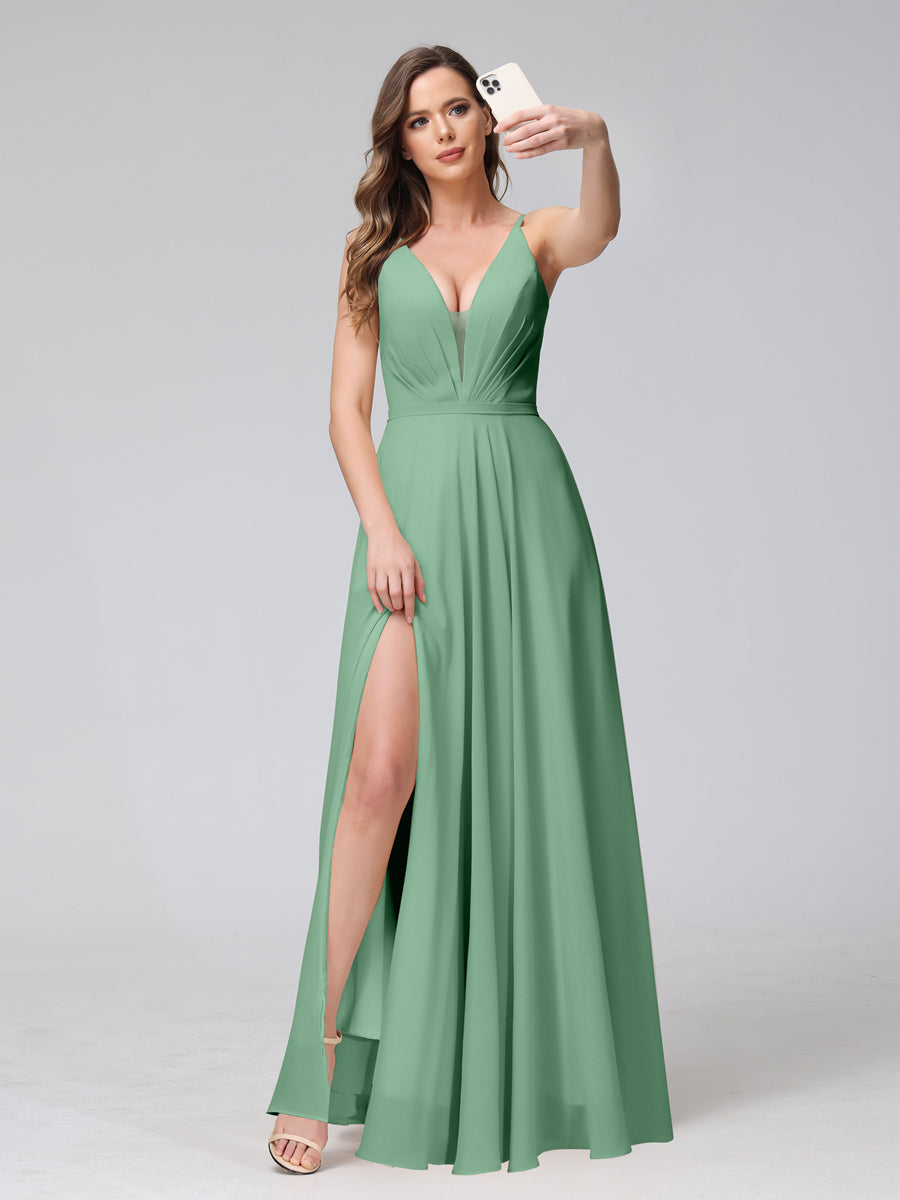 A-Line Spaghetti Straps V-Neck Sleeveless Long Chiffon Bridesmaid Dresses With Split Side