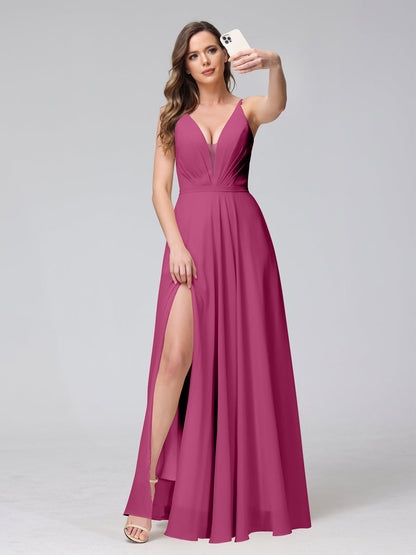 A-Line Spaghetti Straps V-Neck Sleeveless Long Chiffon Bridesmaid Dresses With Split Side