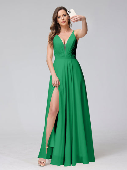 A-Line Spaghetti Straps V-Neck Sleeveless Long Chiffon Bridesmaid Dresses With Split Side