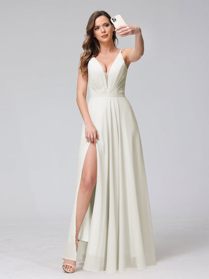 A-Line Spaghetti Straps V-Neck Sleeveless Long Chiffon Bridesmaid Dresses With Split Side