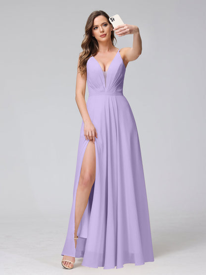 A-Line Spaghetti Straps V-Neck Sleeveless Long Chiffon Bridesmaid Dresses With Split Side