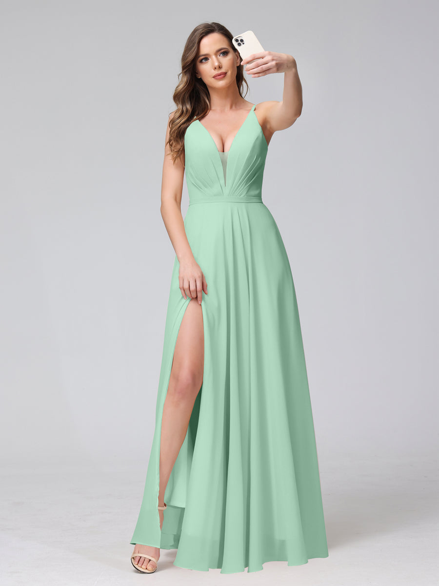 A-Line Spaghetti Straps V-Neck Sleeveless Long Chiffon Bridesmaid Dresses With Split Side