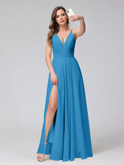 A-Line Spaghetti Straps V-Neck Sleeveless Long Chiffon Bridesmaid Dresses With Split Side