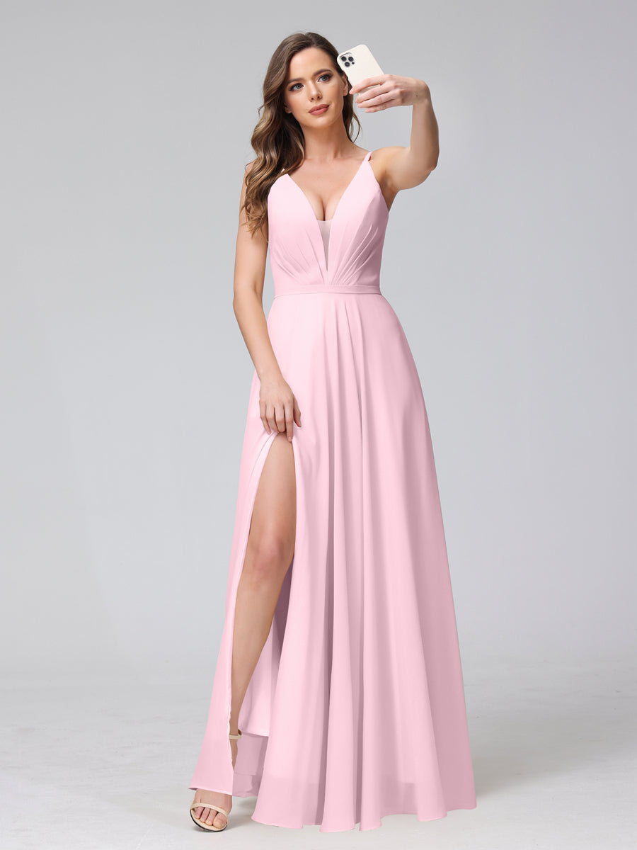 A-Line Spaghetti Straps V-Neck Sleeveless Long Chiffon Bridesmaid Dresses With Split Side