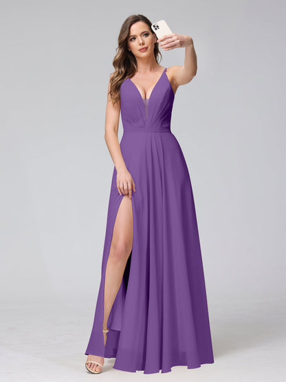 A-Line Spaghetti Straps V-Neck Sleeveless Long Chiffon Bridesmaid Dresses With Split Side