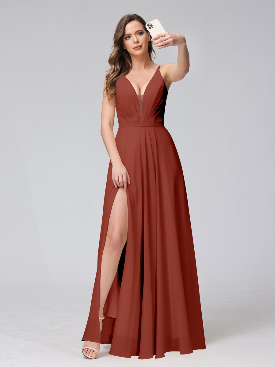 A-Line Spaghetti Straps V-Neck Sleeveless Long Chiffon Bridesmaid Dresses With Split Side