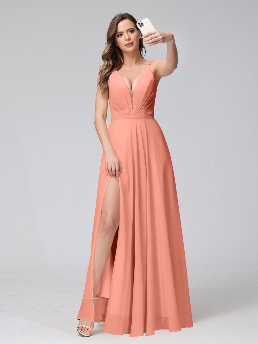 A-Line Spaghetti Straps V-Neck Sleeveless Long Chiffon Bridesmaid Dresses With Split Side