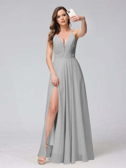 A-Line Spaghetti Straps V-Neck Sleeveless Long Chiffon Bridesmaid Dresses With Split Side