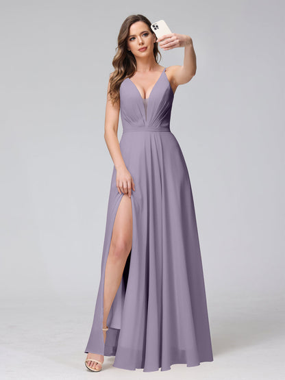 A-Line Spaghetti Straps V-Neck Sleeveless Long Chiffon Bridesmaid Dresses With Split Side