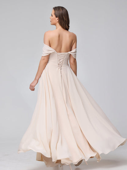 A-Line Off-the-Shoulder Sleeveless Ruched Long Chiffon Bridesmaid Dresses with Split Side