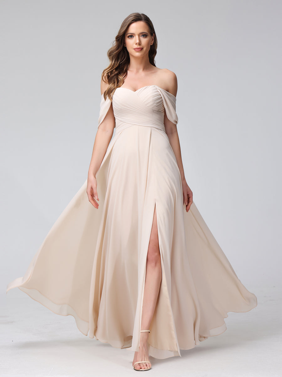 A-Line Off-the-Shoulder Sleeveless Ruched Long Chiffon Bridesmaid Dresses with Split Side