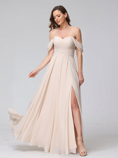 A-Line Off-the-Shoulder Sleeveless Ruched Long Chiffon Bridesmaid Dresses with Split Side