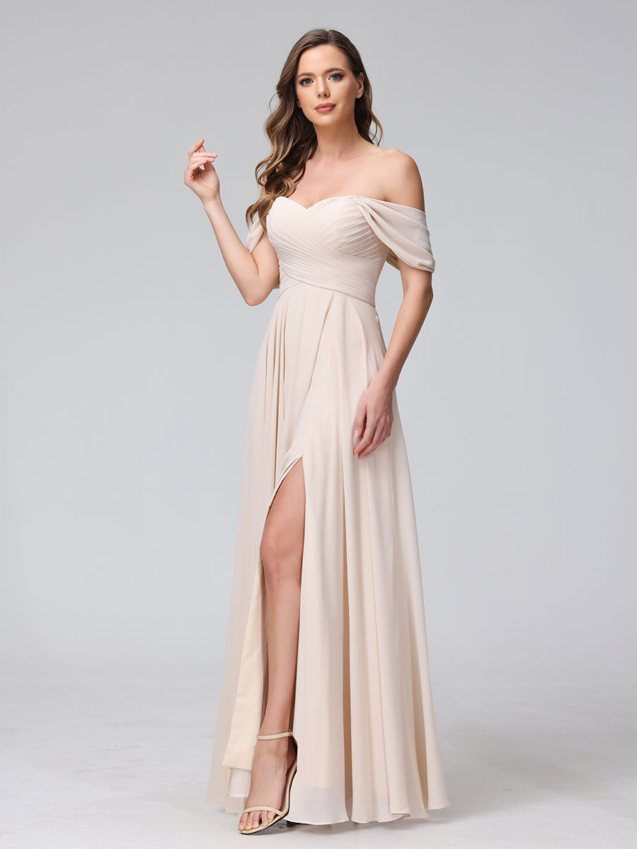 A-Line Off-the-Shoulder Sleeveless Ruched Long Chiffon Bridesmaid Dresses with Split Side