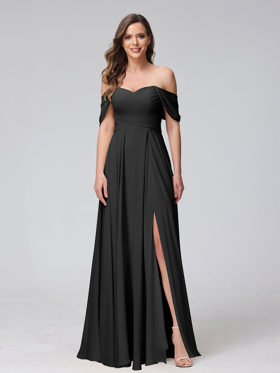 A-Line Off-the-Shoulder Sleeveless Ruched Long Chiffon Bridesmaid Dresses with Split Side