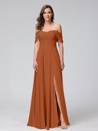 A-Line Off-the-Shoulder Sleeveless Ruched Long Chiffon Bridesmaid Dresses with Split Side