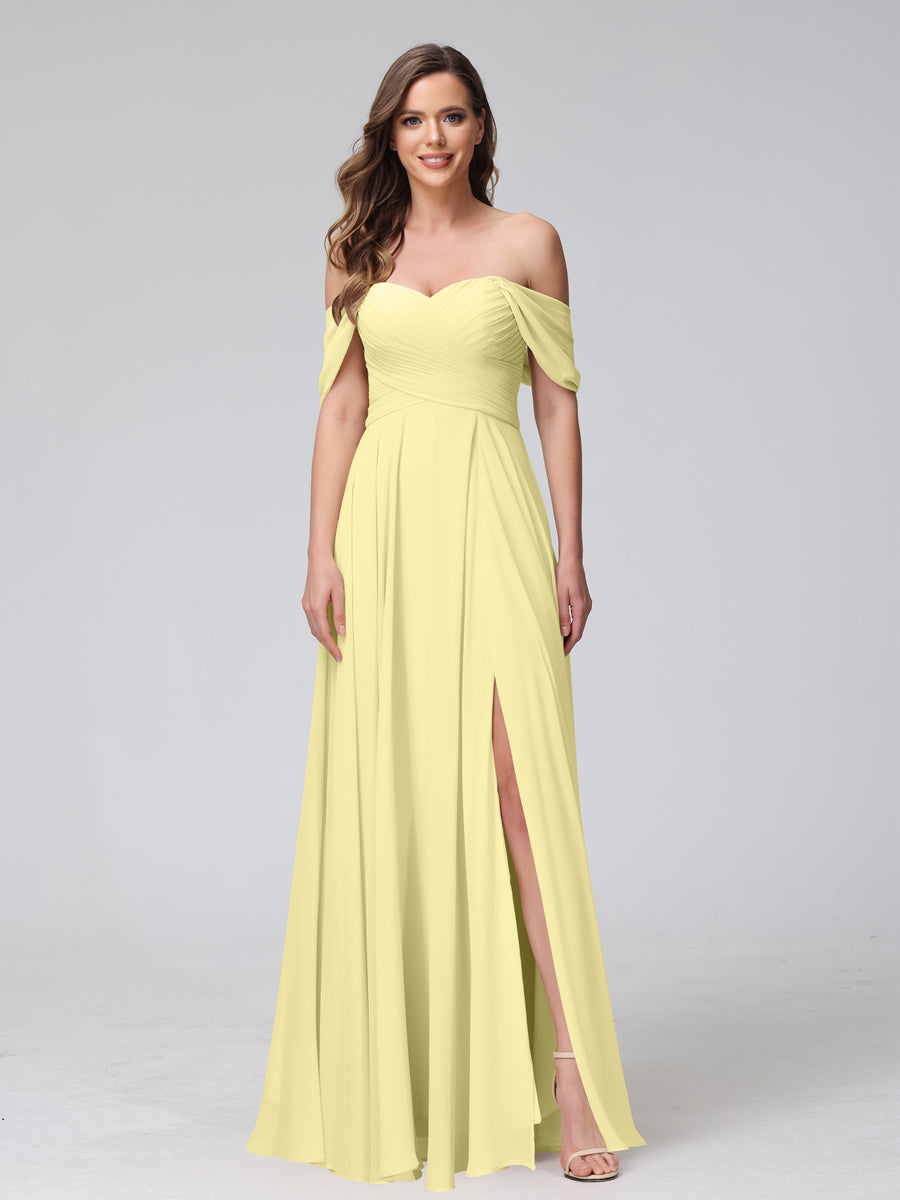 A-Line Off-the-Shoulder Sleeveless Ruched Long Chiffon Bridesmaid Dresses with Split Side