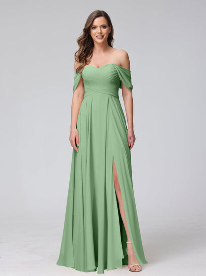 A-Line Off-the-Shoulder Sleeveless Ruched Long Chiffon Bridesmaid Dresses with Split Side