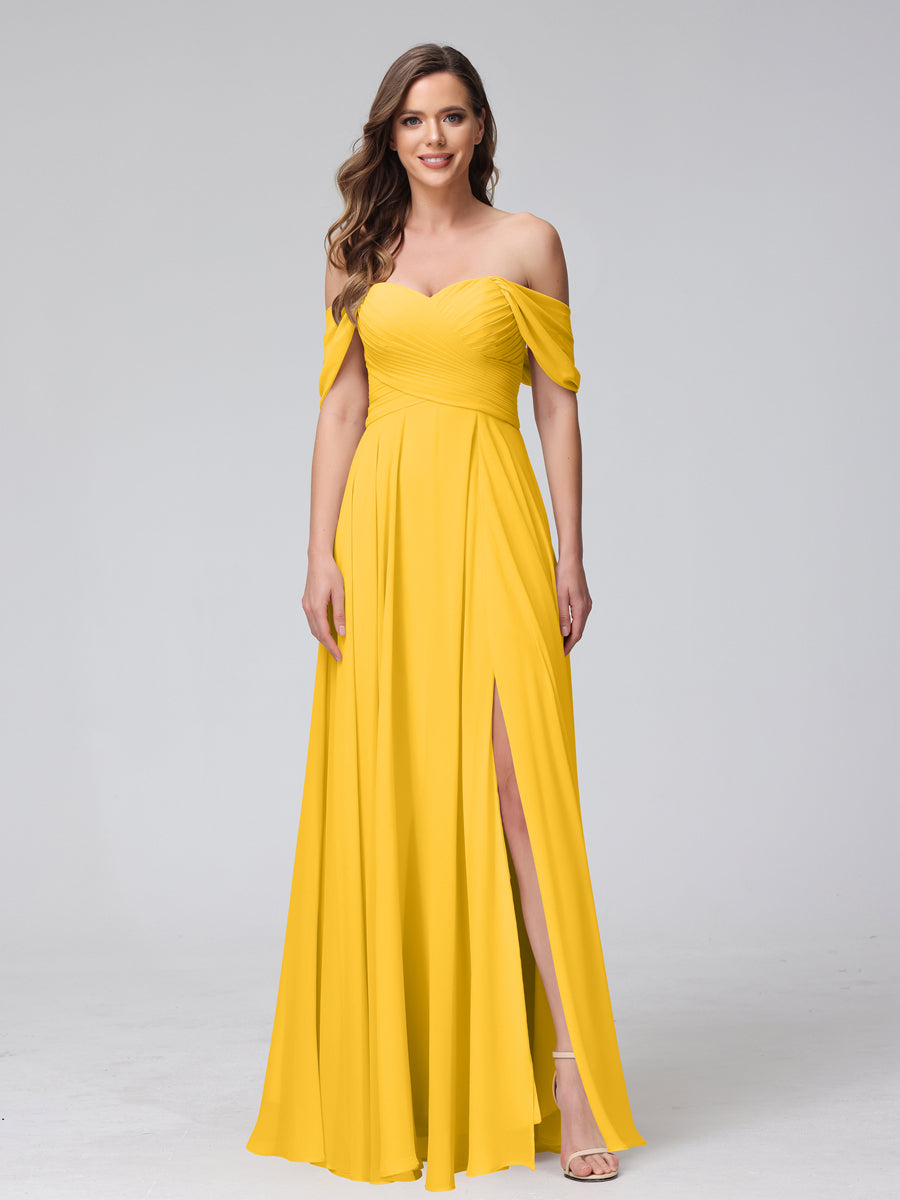 A-Line Off-the-Shoulder Sleeveless Ruched Long Chiffon Bridesmaid Dresses with Split Side