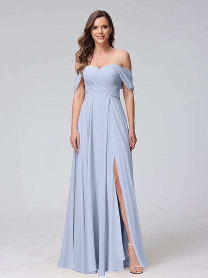 A-Line Off-the-Shoulder Sleeveless Ruched Long Chiffon Bridesmaid Dresses with Split Side