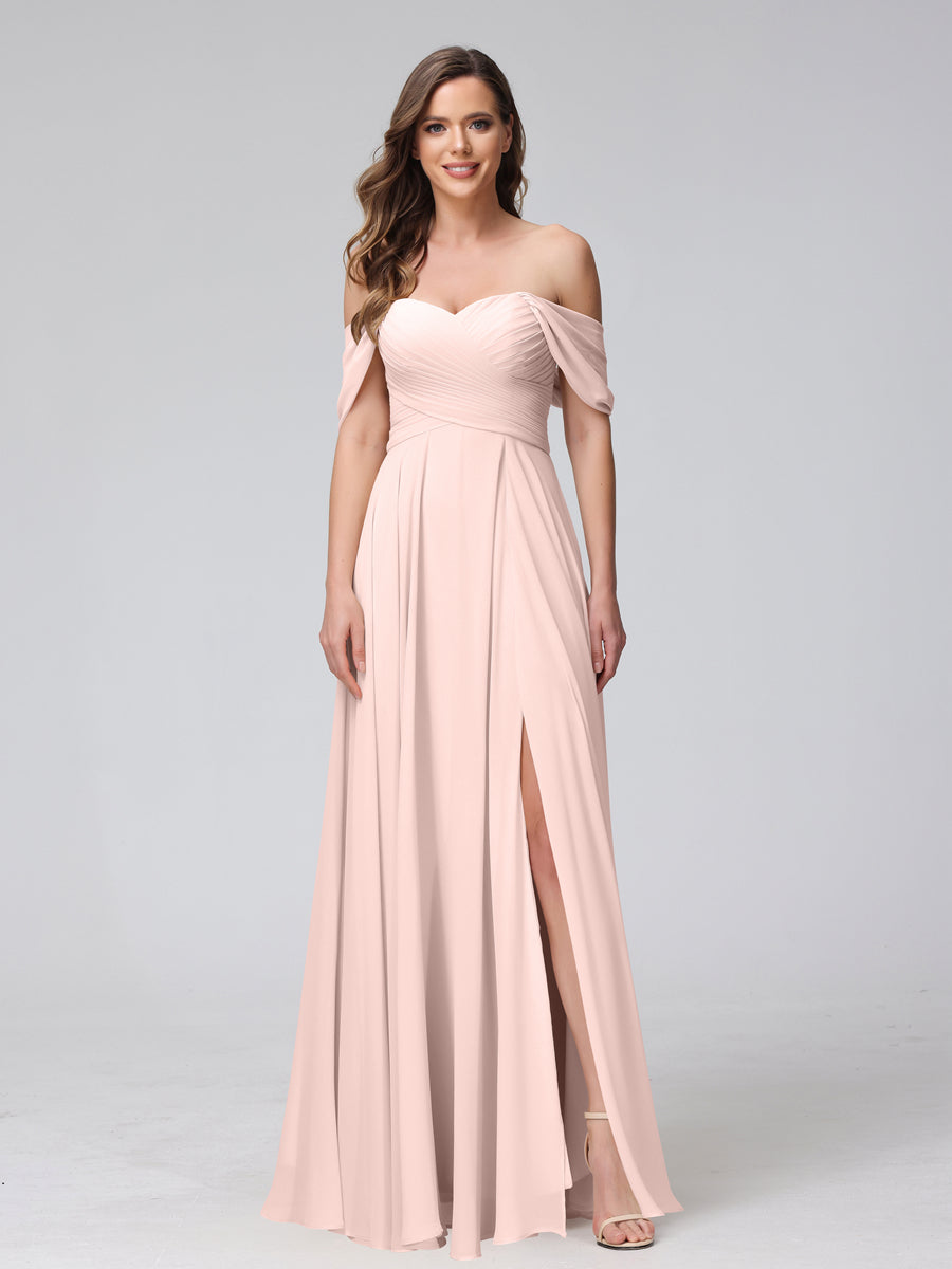 A-Line Off-the-Shoulder Sleeveless Ruched Long Chiffon Bridesmaid Dresses with Split Side