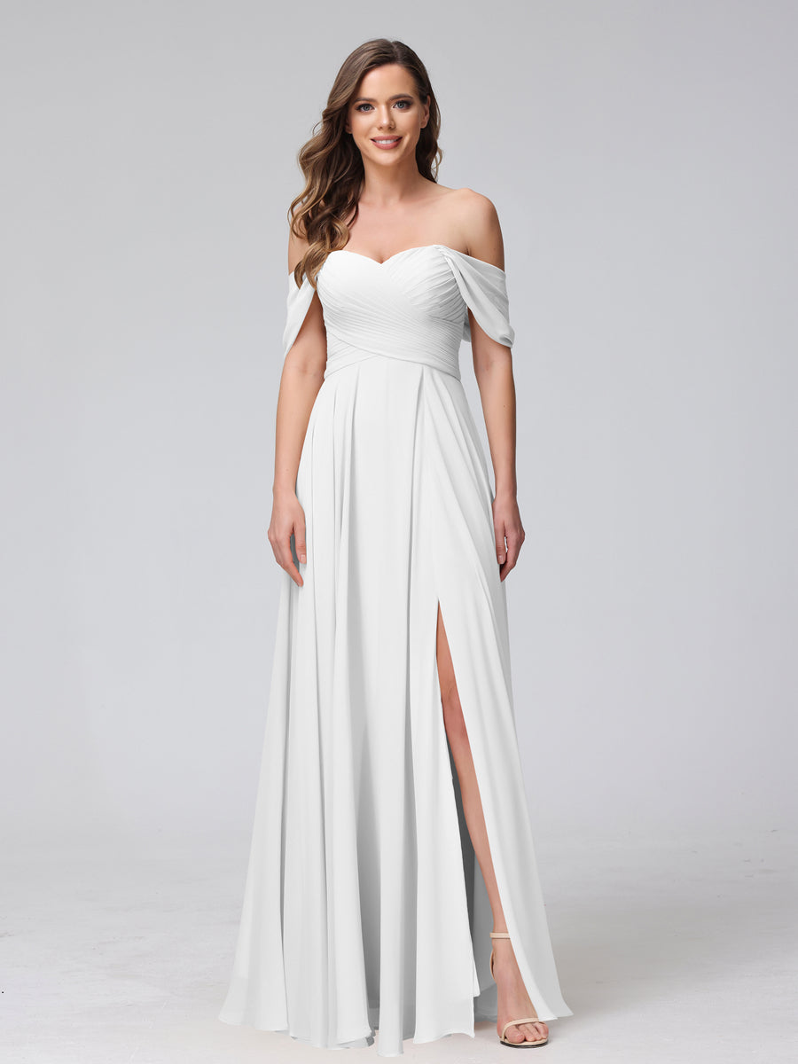 A-Line Off-the-Shoulder Sleeveless Ruched Long Chiffon Bridesmaid Dresses with Split Side