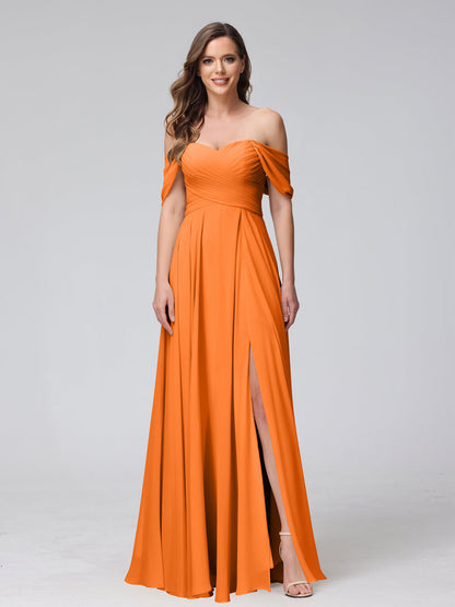 A-Line Off-the-Shoulder Sleeveless Ruched Long Chiffon Bridesmaid Dresses with Split Side