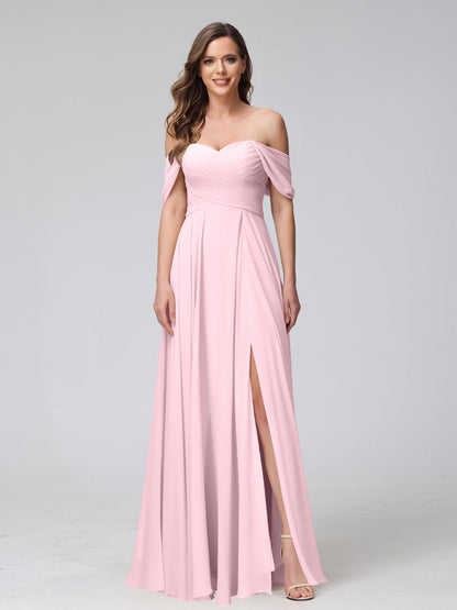 A-Line Off-the-Shoulder Sleeveless Ruched Long Chiffon Bridesmaid Dresses with Split Side