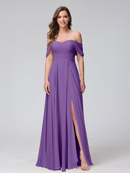 A-Line Off-the-Shoulder Sleeveless Ruched Long Chiffon Bridesmaid Dresses with Split Side