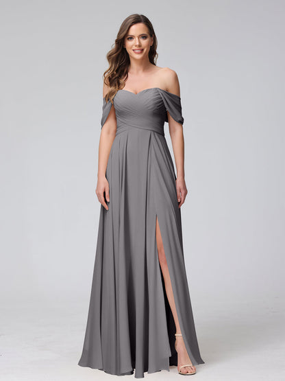 A-Line Off-the-Shoulder Sleeveless Ruched Long Chiffon Bridesmaid Dresses with Split Side