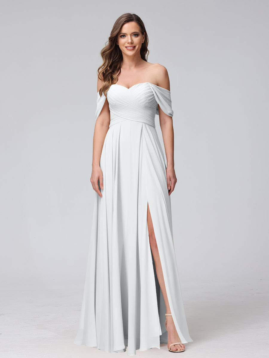 A-Line Off-the-Shoulder Sleeveless Ruched Long Chiffon Bridesmaid Dresses with Split Side