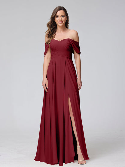 A-Line Off-the-Shoulder Sleeveless Ruched Long Chiffon Bridesmaid Dresses with Split Side