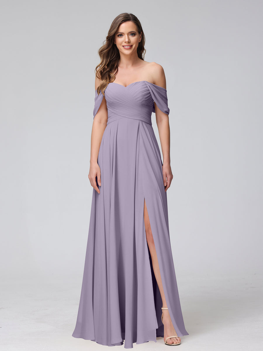 A-Line Off-the-Shoulder Sleeveless Ruched Long Chiffon Bridesmaid Dresses with Split Side