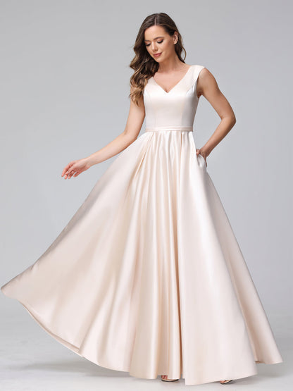 A-Line V-Neck Sleeveless Floor-Length Satin Bridesmaid Dresses With Pockets