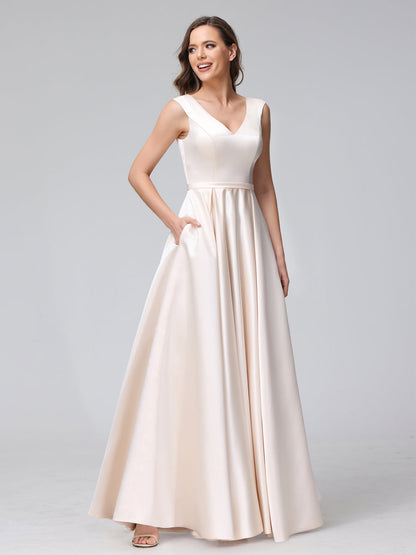 A-Line V-Neck Sleeveless Floor-Length Satin Bridesmaid Dresses With Pockets