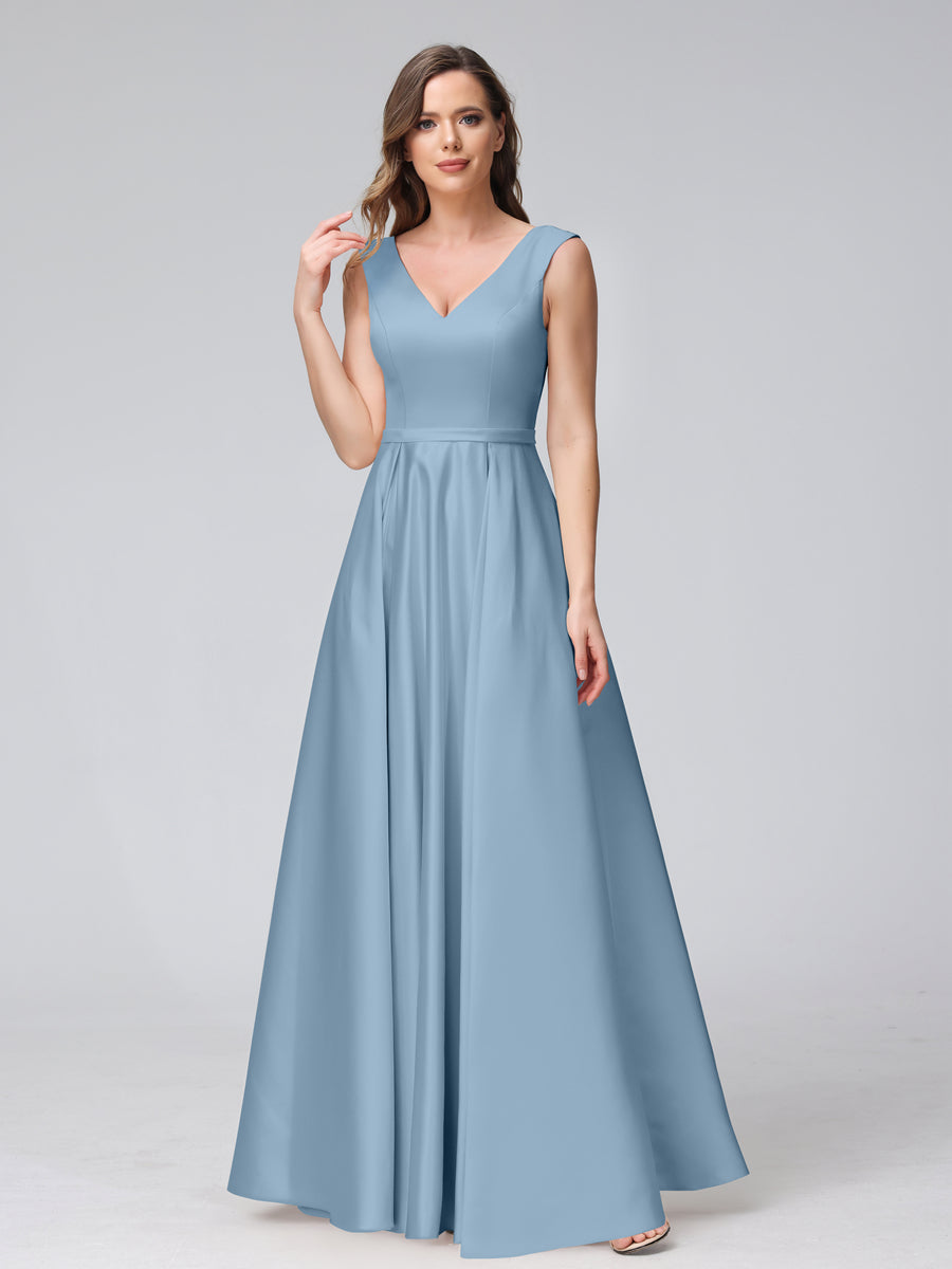 A-Line V-Neck Sleeveless Floor-Length Satin Bridesmaid Dresses With Pockets