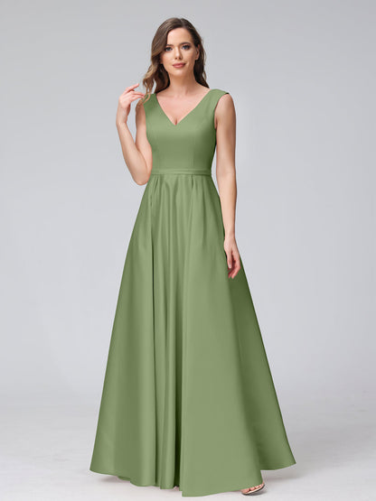 A-Line V-Neck Sleeveless Floor-Length Satin Bridesmaid Dresses With Pockets