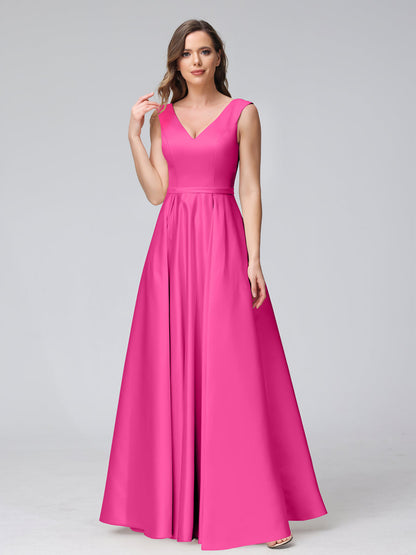 A-Line V-Neck Sleeveless Floor-Length Satin Bridesmaid Dresses With Pockets