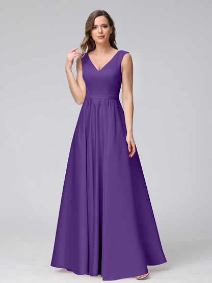 A-Line V-Neck Sleeveless Floor-Length Satin Bridesmaid Dresses With Pockets